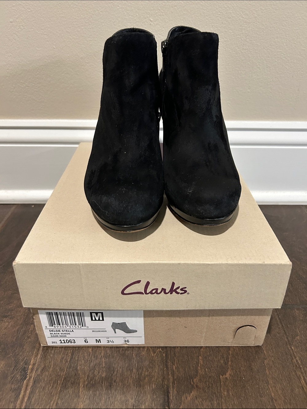 Clarks Black Suede Delsie Stella Ankle Booties with Side Zip